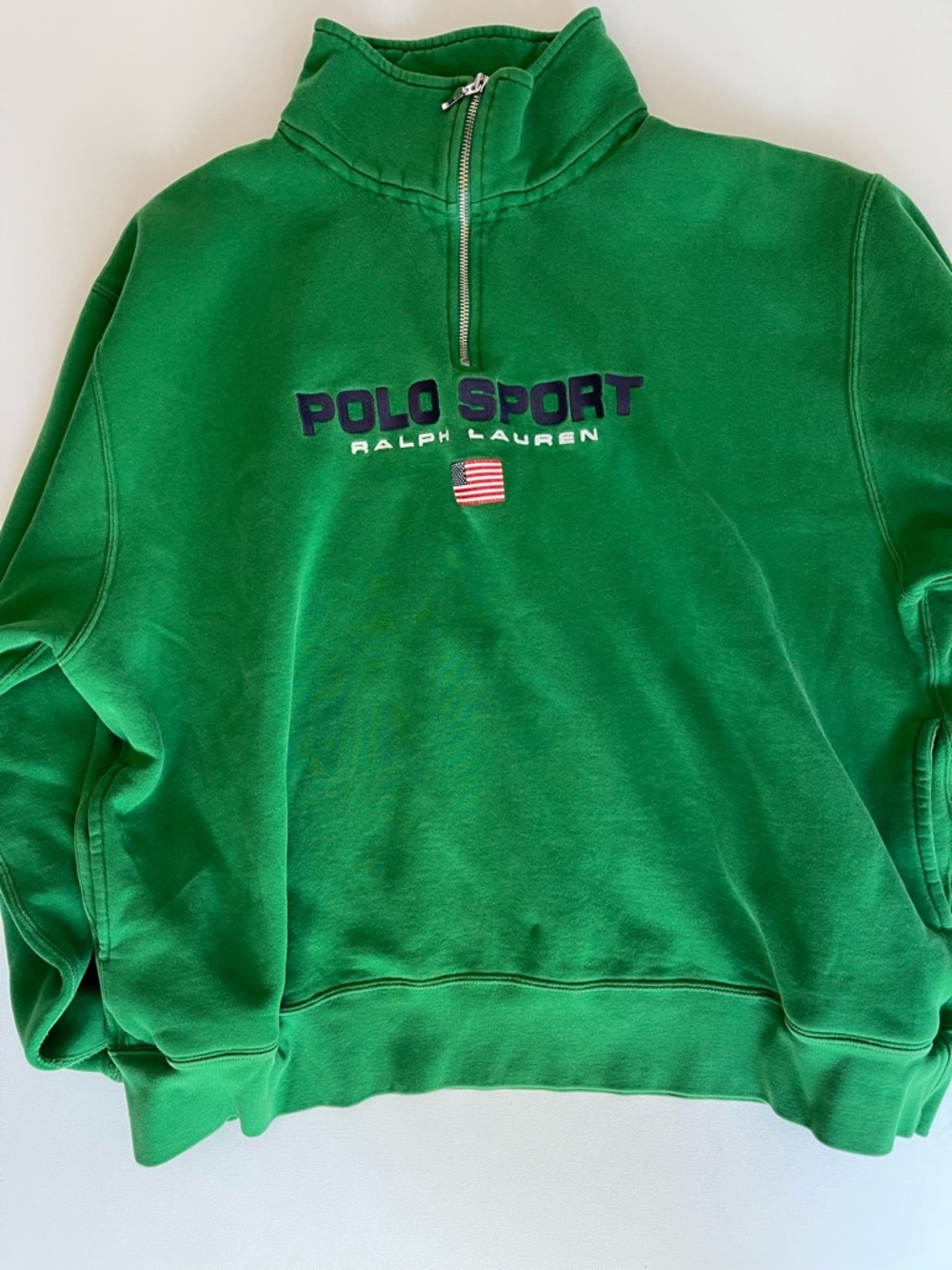 Ralph Lauren Polo Sport Green Half-Zip Sweatshirt with Navy Logo and Flag
